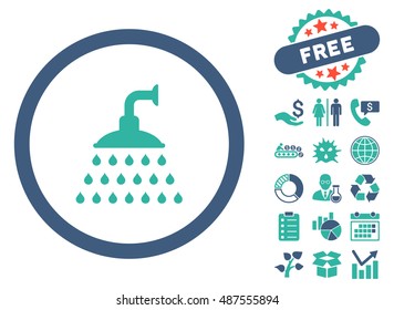 Shower pictograph with free bonus elements. Vector illustration style is flat iconic bicolor symbols, cobalt and cyan colors, white background.