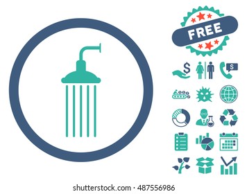 Shower pictograph with free bonus elements. Vector illustration style is flat iconic bicolor symbols, cobalt and cyan colors, white background.
