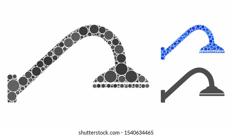 Shower pipe mosaic of filled circles in various sizes and color tints, based on shower pipe icon. Vector small circles are organized into blue mosaic.