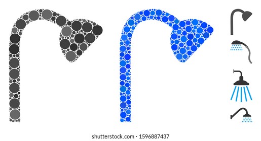 Shower pipe mosaic of small circles in variable sizes and color hues, based on shower pipe icon. Vector small circles are combined into blue mosaic. Dotted shower pipe icon in usual and blue versions.