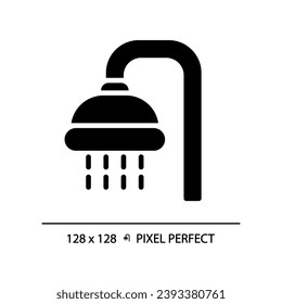 Duschpixel perfekte schwarze Glyphe Symbol. Öffentliches Badezimmer für Besucher. Körperwaschanlage. Persönliche Hygiene. Silhouette-Symbol auf weißem Raum. Festes Piktogramm. Vektorgrafik einzeln