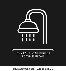 Shower pixel perfect white linear icon for dark theme. Public bathroom for visitors. Body washing equipment. Personal hygiene. Thin line illustration. Isolated symbol for night mode. Editable stroke