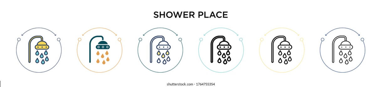 Icono de lugar de ducha en estilo relleno, delgado, contorno y trazo. Ilustración vectorial de dos iconos vectoriales coloridos y negros se pueden utilizar para móviles, ui, web