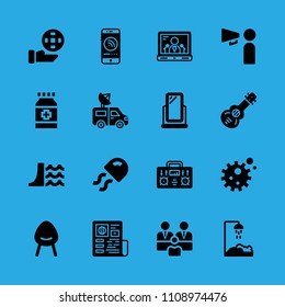 shower, promoting, mirror, laptop, group, radio, spanish guitar, jellyfish and smartphone vector icon. Simple icons set