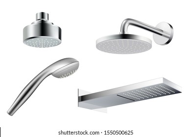 Shower realistic. Metalic shower head template water splash vector pictures isolated