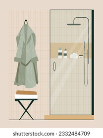 Ilustración vectorial plana de diseño interior de cuarto de baño o de ducha. Cabina de ducha, taburete, toallas y albornoz. Interior japonés o escandinavo. Diseño minimalista