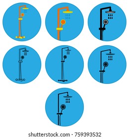 Shower round icons set. Shower heads, faucets and falling water. Vector illustration isolated on white background. 
