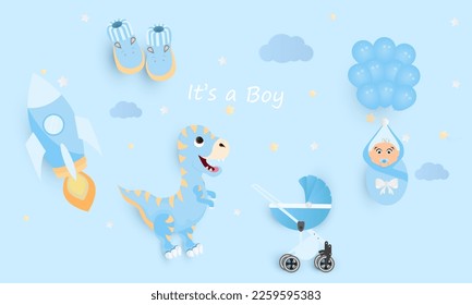 Ducha para un niño. ilustración vectorial de niño de dibujos animados, cochecito, globos de helio y cohete aislado en fondo azul. Es un chico.