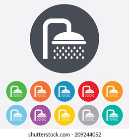 Shower sign icon. Douche with water drops symbol. Round colourful 11 buttons. Vector