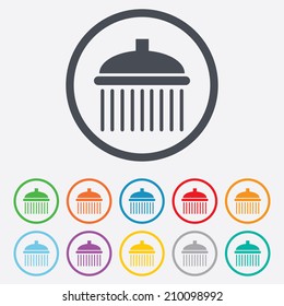 Shower sign icon. Douche with water drops symbol. Round circle buttons with frame. Vector