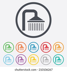 Shower sign icon. Douche with water drops symbol. Round circle buttons with frame. Vector