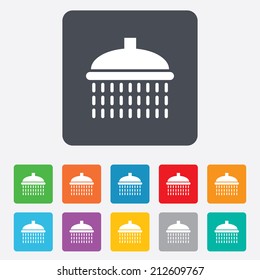 Shower sign icon. Douche with water drops symbol. Rounded squares 11 buttons. Vector