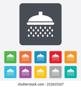 Shower sign icon. Douche with water drops symbol. Rounded squares 11 buttons. Vector