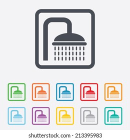Shower sign icon. Douche with water drops symbol. Round squares buttons with frame. Vector