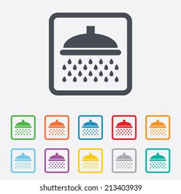 Shower sign icon. Douche with water drops symbol. Round squares buttons with frame. Vector