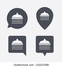 Shower sign icon. Douche with water drops symbol. Map pointers information buttons. Speech bubbles with icons. Vector