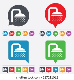 Shower sign icon. Douche with water drops symbol. Speech bubbles information icons. 24 colored buttons. Vector