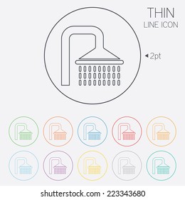 Shower sign icon. Douche with water drops symbol. Thin line circle web icons with outline. Vector
