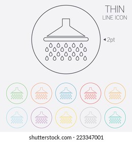 Shower sign icon. Douche with water drops symbol. Thin line circle web icons with outline. Vector