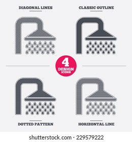Shower sign icon. Douche with water drops symbol. Diagonal and horizontal lines, classic outline, dotted texture. Pattern design icons.  Vector