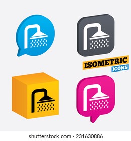 Shower sign icon. Douche with water drops symbol. Isometric speech bubbles and cube. Rotated icons with edges. Vector