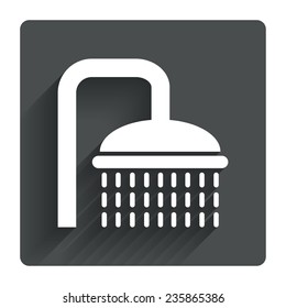 Shower sign icon. Douche with water drops symbol. Gray flat square button with shadow. Modern UI website navigation. Vector