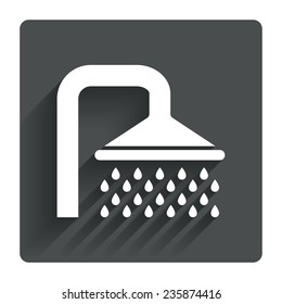 Shower sign icon. Douche with water drops symbol. Gray flat square button with shadow. Modern UI website navigation. Vector