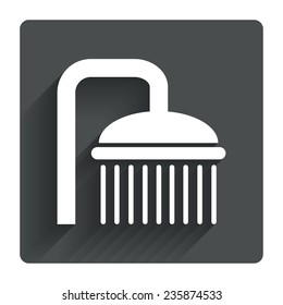 Shower sign icon. Douche with water drops symbol. Gray flat square button with shadow. Modern UI website navigation. Vector