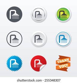 Shower sign icon. Douche with water drops symbol. Circle concept buttons. Metal edging. Star and label sticker. Vector