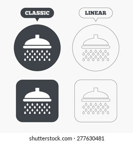 Shower sign icon. Douche with water drops symbol. Classic and line web buttons. Circles and squares. Vector