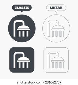 Shower sign icon. Douche with water drops symbol. Classic and line web buttons. Circles and squares. Vector