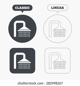 Shower sign icon. Douche with water drops symbol. Classic and line web buttons. Circles and squares. Vector