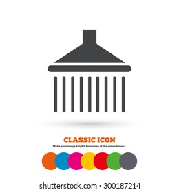 Shower sign icon. Douche with water drops symbol. Classic flat icon. Colored circles. Vector
