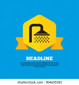 Shower sign icon. Douche with water drops symbol. Yellow label tag. Circles seamless pattern on back. Vector