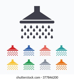 Shower sign icon. Douche with water drops symbol. Colored flat icons on white background.