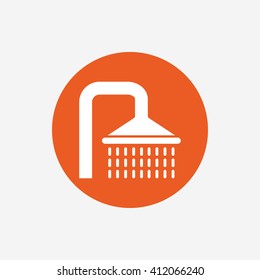Shower sign icon. Douche with water drops symbol. Orange circle button with icon. Vector