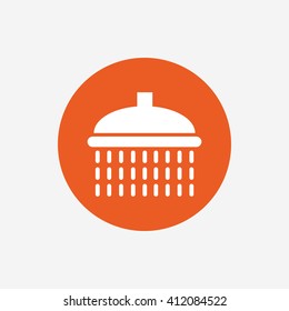 Shower sign icon. Douche with water drops symbol. Orange circle button with icon. Vector