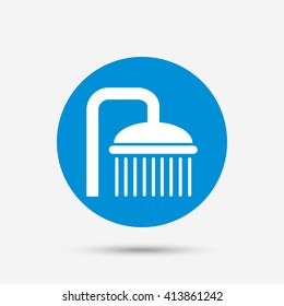 Shower sign icon. Douche with water drops symbol. Blue circle button with icon. Vector