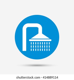 Shower sign icon. Douche with water drops symbol. Blue circle button with icon. Vector