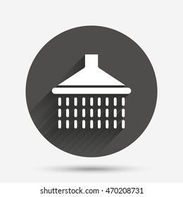 Shower sign icon. Douche with water drops symbol. Circle flat button with shadow. Vector