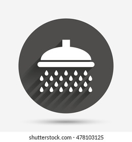 Shower sign icon. Douche with water drops symbol. Circle flat button with shadow. Vector