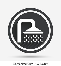 Shower sign icon. Douche with water drops symbol. Circle flat button with shadow and border. Vector