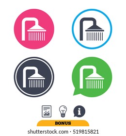 Shower sign icon. Douche with water drops symbol. Report document, information sign and light bulb icons. Vector