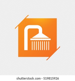 Shower sign icon. Douche with water drops symbol. Orange square label on pattern. Vector