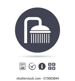 Shower sign icon. Douche with water drops symbol. Report document, information and check tick icons. Currency exchange. Vector