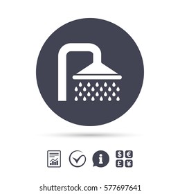 Shower sign icon. Douche with water drops symbol. Report document, information and check tick icons. Currency exchange. Vector