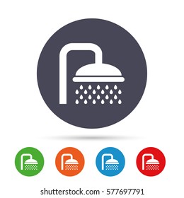 Shower sign icon. Douche with water drops symbol. Round colourful buttons with flat icons. Vector