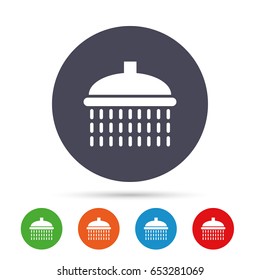 Shower sign icon. Douche with water drops symbol. Round colourful buttons with flat icons. Vector