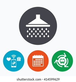 Shower sign icon. water drops symbol. Mobile payments, calendar and wifi icons. Bus shuttle.