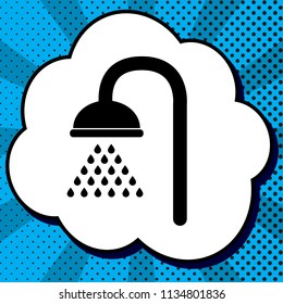 Shower sign. Vector. Black icon in bubble on blue pop-art background with rays.